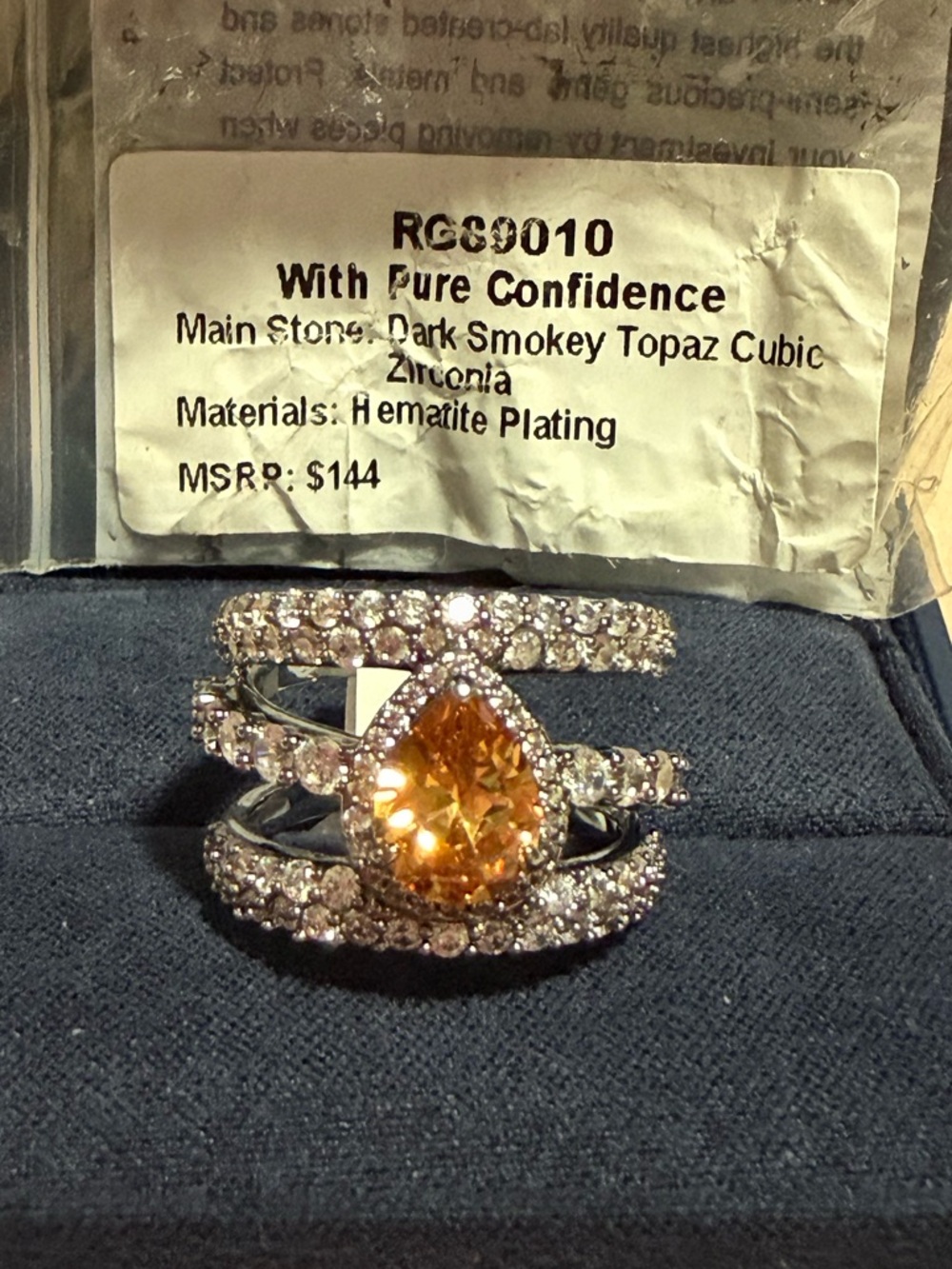 Bomb Party Ring RG89010 “With Pure Confidence” Dark Smoky Topaz CZ Hematite
